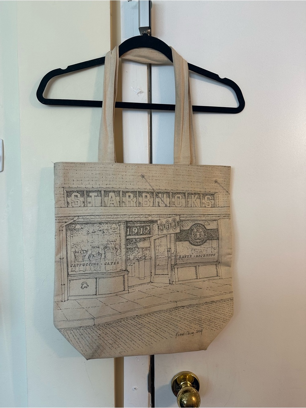 The Original Starbucks Beige Canvas Tote Bag with Sketch Front
